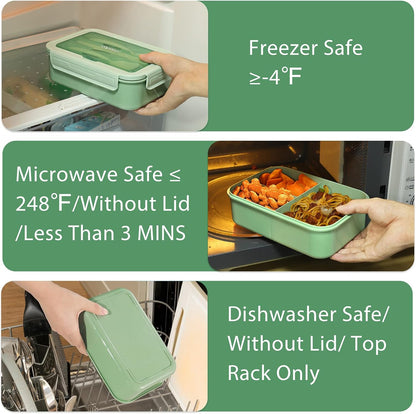 Caperci Classic Bento Box Adult Lunch Box for Older Kids - Leakpoof 47 oz 3-Compartment Lunch Containers for Adults and Teens, Built-in Utensil Set, Ideal for On-the-Go Balanced Eating,Khaki Green