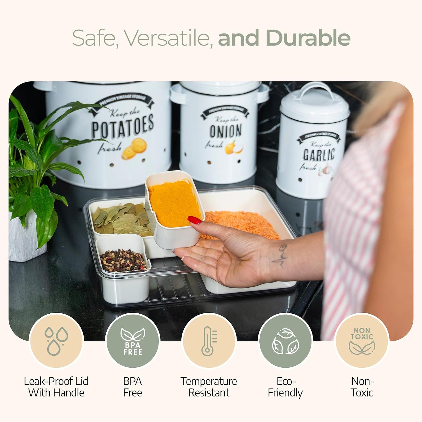 Small Snackle Box Container - Travel Snack Box Container - Snacklebox - Divided Serving Tray With Lid and Handle - Portable Snack Tray With Lid - Snackle Boxes 4 compartment Grey Blue (Cream)