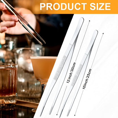 Yaomiao 4 Packs 12 Inch Bar Tweezers Silver Cocktail Tongs Long Garnish Tweezers Stainless Steel Bartender Kitchen Cooking Tongs for Cocktail Food Fruit Korean BBQ Bartender Chef, Multi-use