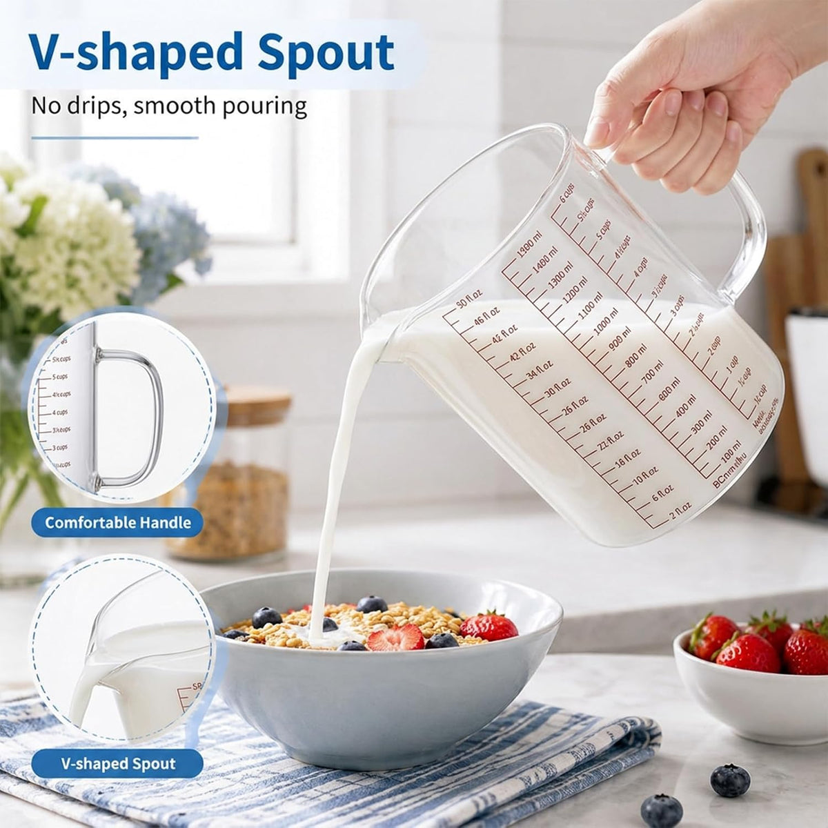 Glass Measuring Cup, 6Cup/1500ml/50oz Glass Liquid Measuring Cup With Handle and V-Shaped Spout High Borosilicate Glass-Measuring-Cup for Kitchen or Restaurant, Easy to Read