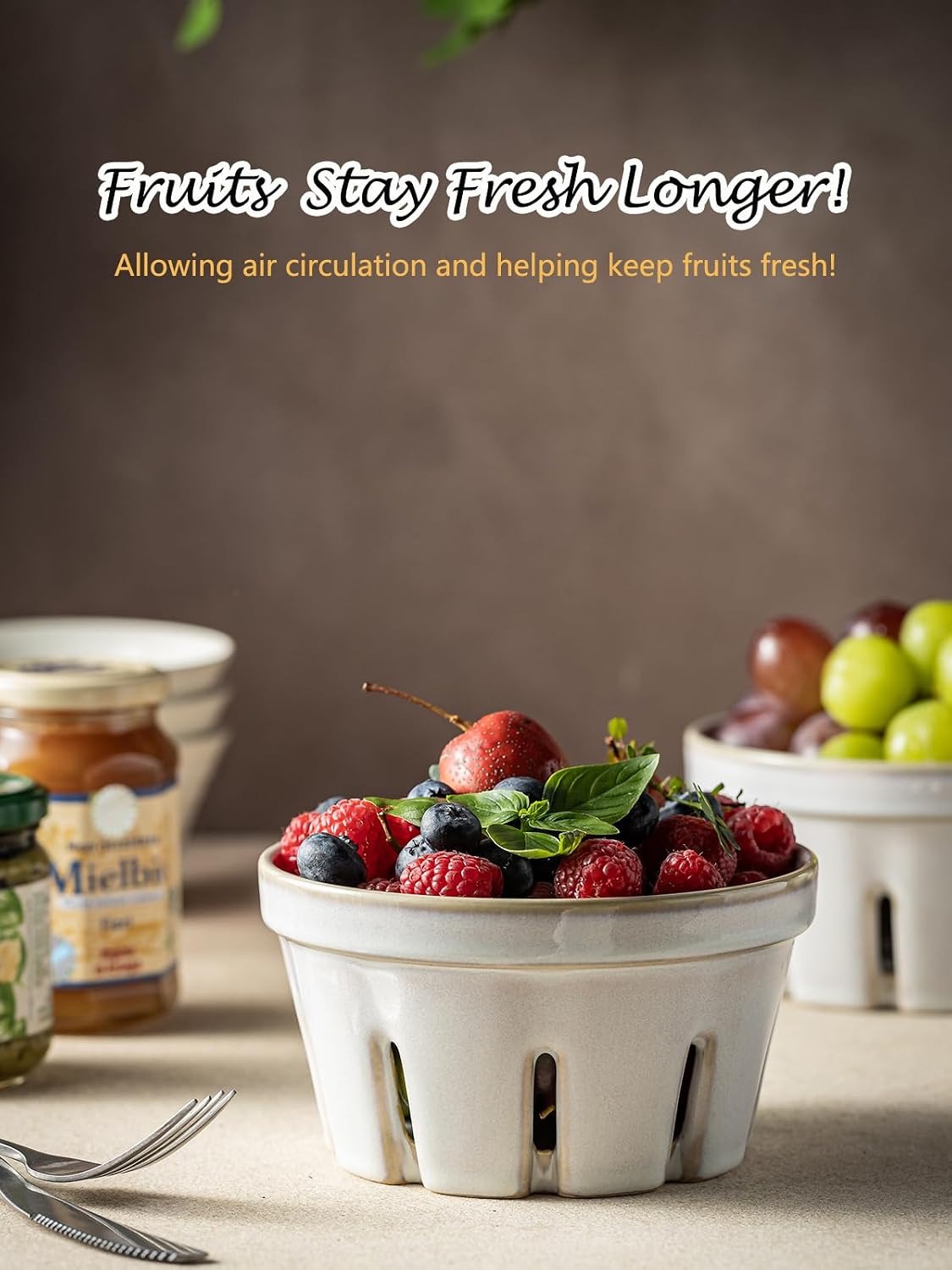 Gomakren Berry Bowls with Holes Ceramic, Berry Washing Bowl Basket Set of 2, 5.8 Inch Round Fruit Bowl Storage Containers, Strawberry Baskets, Farmhouse Kitchen Decor, Yellow + Brown