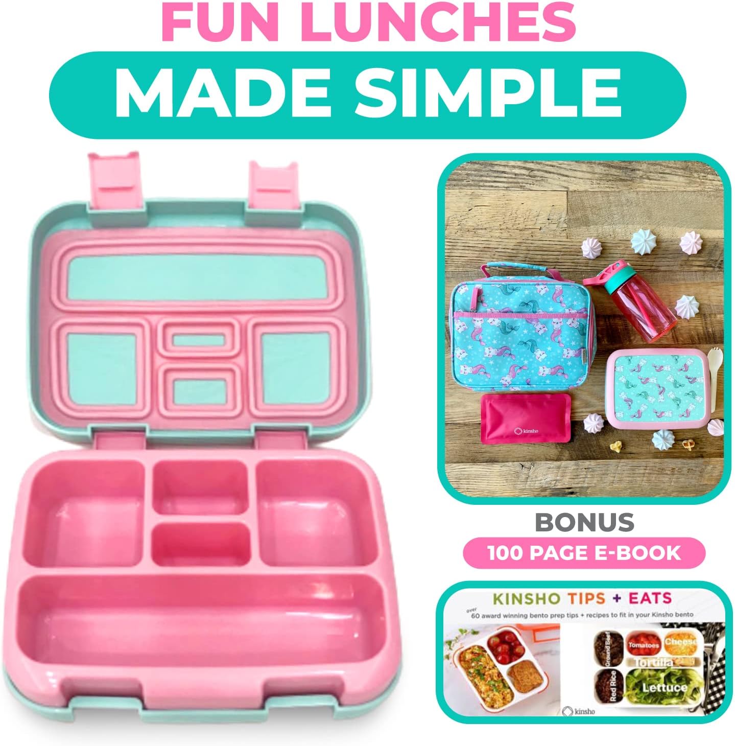 Kinsho Bento Lunch Box for Kids Toddlers, 5 Portion Control Sections, BPA Free Removable Plastic Tray, Pre-School Kid Toddler Daycare Lunches, Snack Container Ages 3 to 7 (Blue Space Rockets)