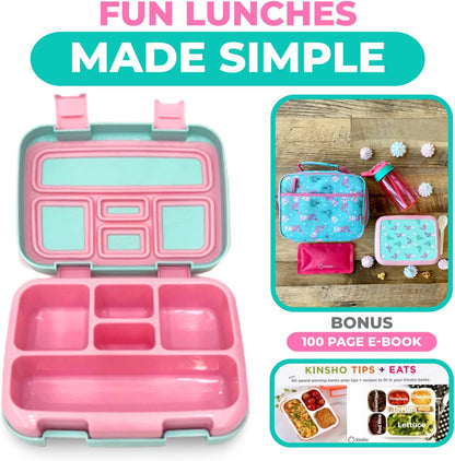 Kinsho Bento Lunch Box for Kids Toddlers, 5 Portion Control Sections, BPA Free Removable Plastic Tray, Pre-School Kid Toddler Daycare Lunches, Snack Container Ages 3 to 7 (Blue Space Rockets)