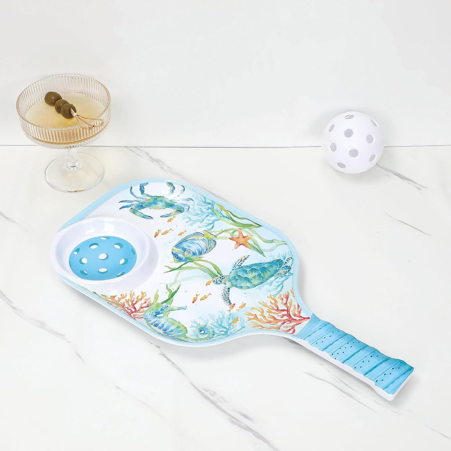 UPware Flamingo Melamine Chip and Dip Snack Tray, Tropical Floral Pickleball Paddle Shape Platter for Chips, Salsa, Fruits, and Appetizers, 15.75 x 8 Inch