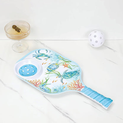 UPware Flamingo Melamine Chip and Dip Snack Tray, Tropical Floral Pickleball Paddle Shape Platter for Chips, Salsa, Fruits, and Appetizers, 15.75 x 8 Inch