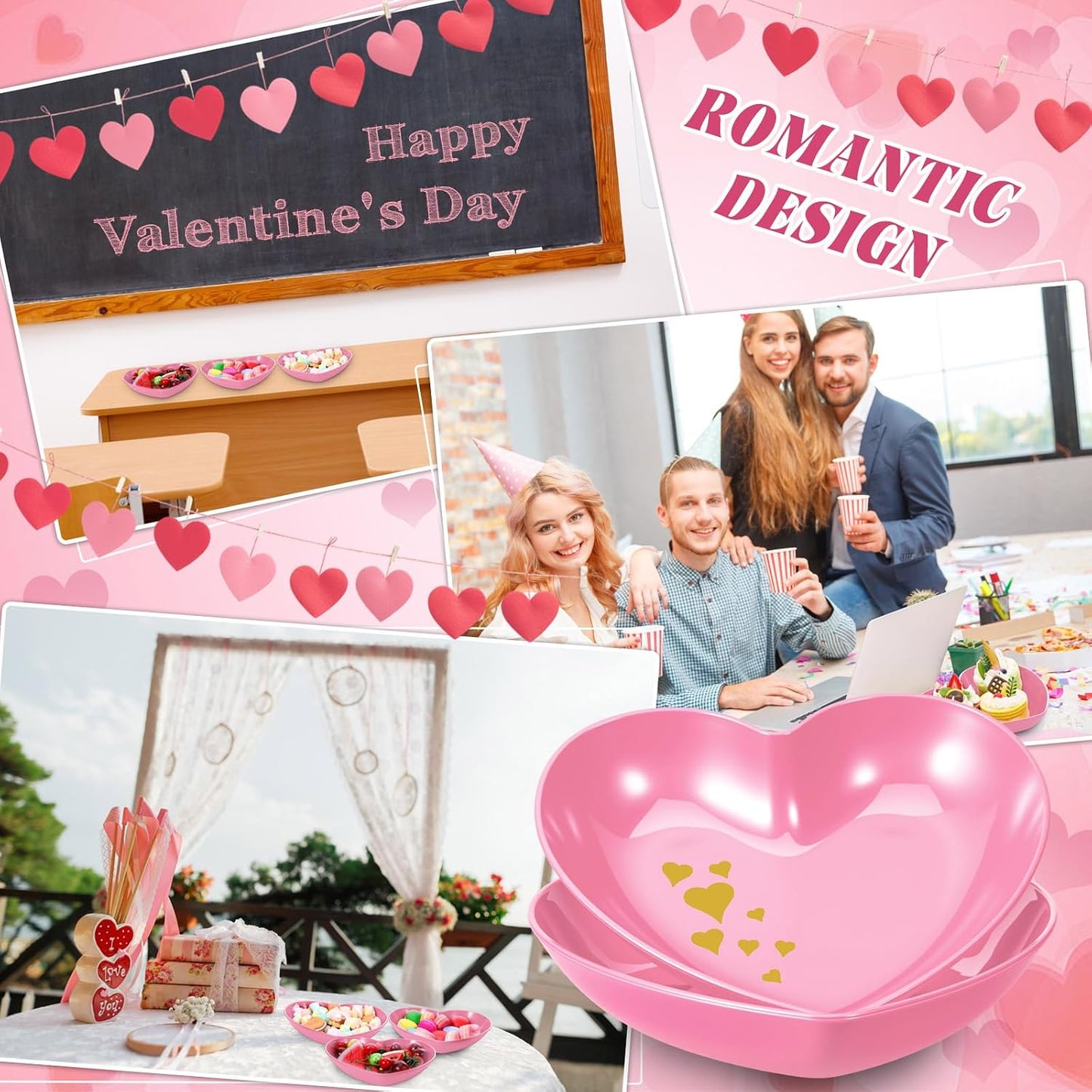 Reallnaive 6 Pcs 8.7 Inch Valentines Day Heart Shaped Plates Dessert Bowls Appetizer Plates Salad Bowls for Gift Valentine's Day Anniversary Party Supplies