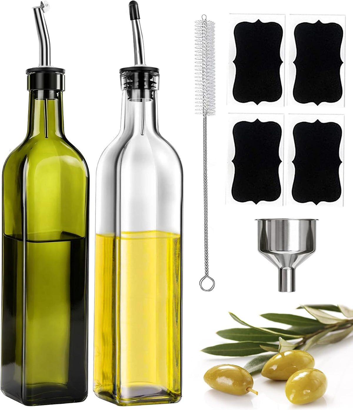 Leaflai 17oz Olive Oil Dispenser Bottle, 500ml Oil & Vinegar Cruet with 2 Stainless Steel Pourers, 2 Labels,1 Brush and 1 Funnel for Kitchen
