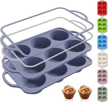 2 Packs 12 Cups Silicone Muffin Pan for Baking with Metal Reinforced Frame Regular Size Cupcake Pan Tray Egg Bites Silicone Cookie Molds Muffin Tin Tart Pans Sheet Set for Oven Dishwasher Safe