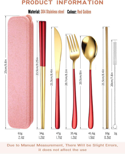AARAINBOW 6 Pieces 18/8 Stainless Steel Flatware Set Portable Reusable Cutlery Set Travel Utensils Set Including Chopsticks Knife Fork Spoon Straws Cleaning Brush Dishwasher Safe (Green golden)