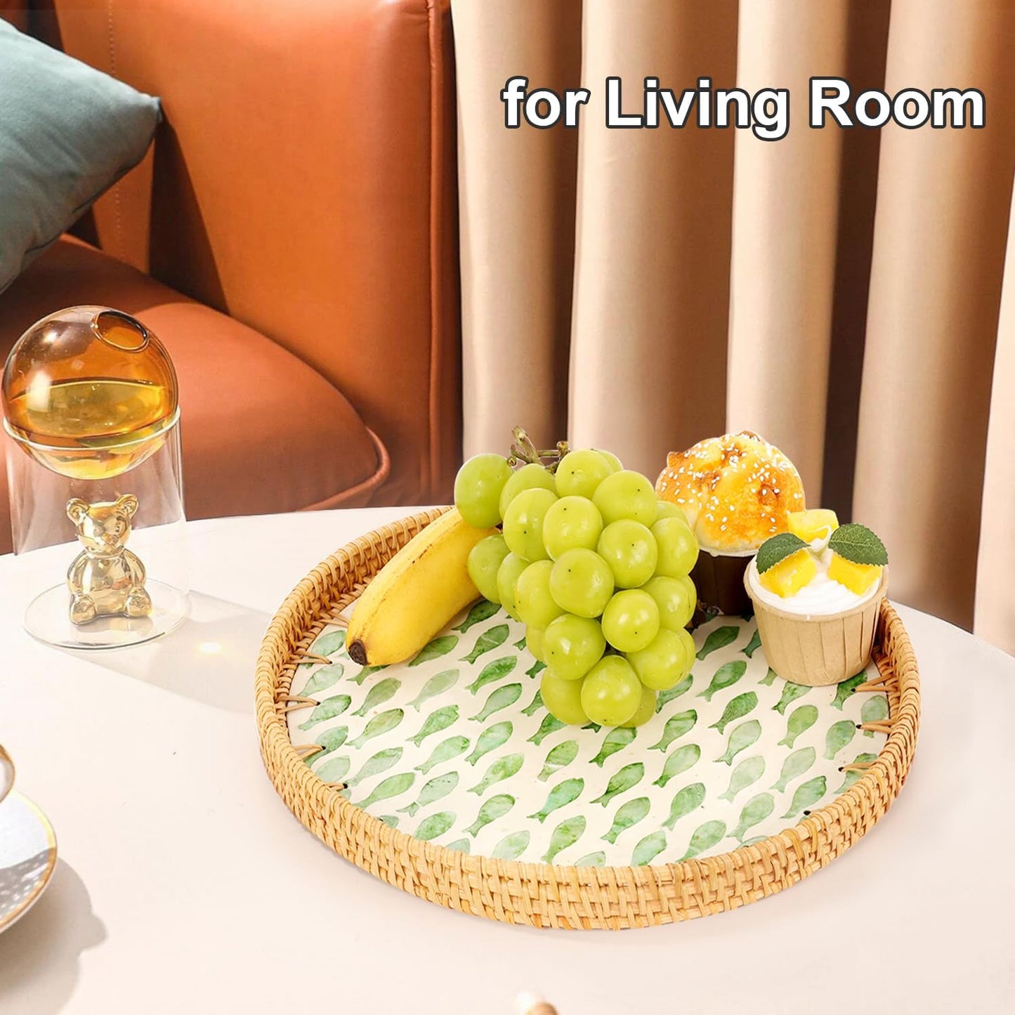 Round Rattan Tray with Mother of Pearl Inlay, Rattan Serving Tray for Coffee, Bread, Fruits, Decorative Wicker Tray for Table Decor, Home Decor, Kitchen Island Decor(Black Checkerboard, 11.8")