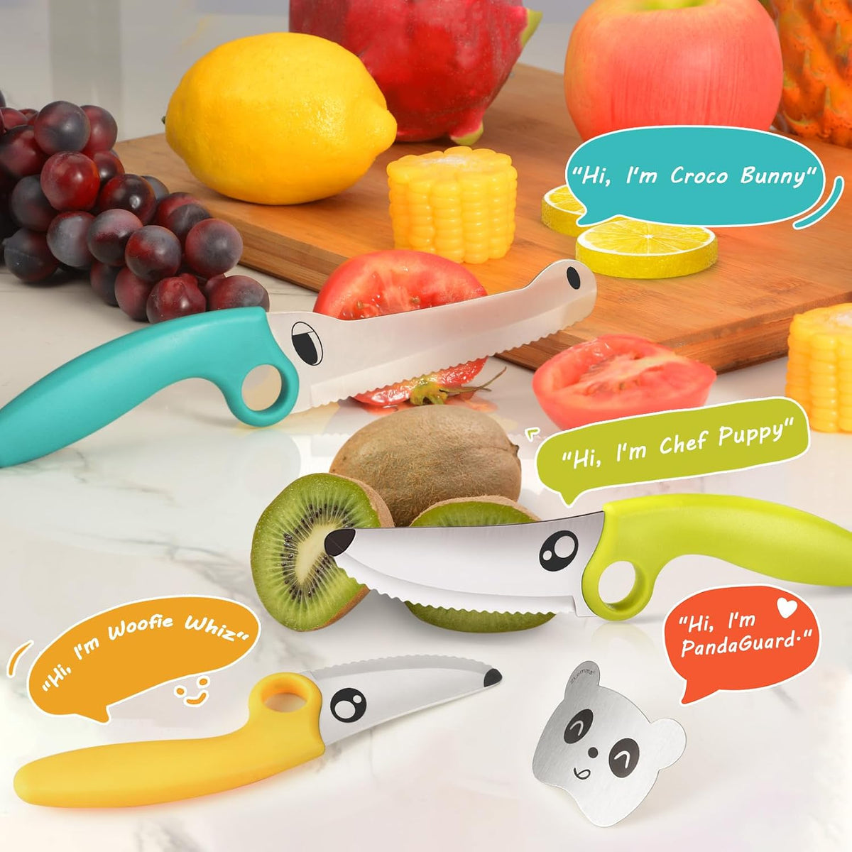 Kids Knife Set for Real Cooking with Educational Ring & Panda Finger Guard for Boys & Girls Cutting, Kids Chef Knife Stainless Steel Blade for Kitchen Cutting-Cool-toned