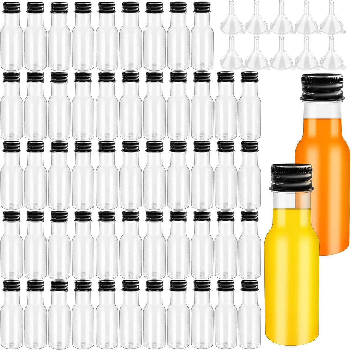 1.7oz Mini Liquor Bottles,50ml Plastic Spirit Alcohol Bottle with Black Cap,Miniature Sauce Bottles with 10 Funnels for Weddings,Party Supplies