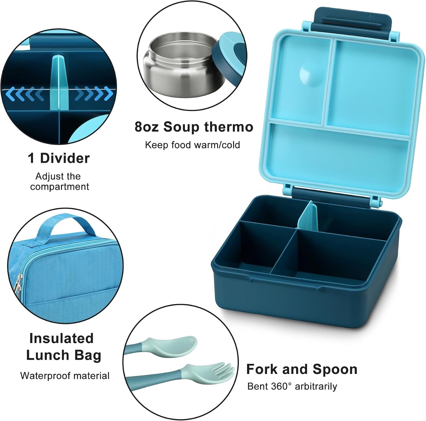 Itslife Bento Lunch Box for Kids with 8oz Soup Thermo&Lunch Bag, Leak-Proof Lunch Food Containers with 4 Compartment, Hot Food Insulated Food Jar for Kids School (Green)
