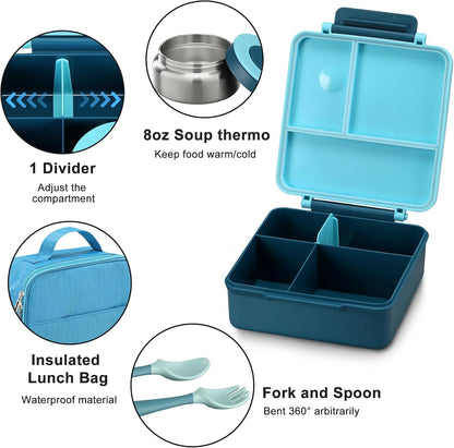 Itslife Bento Lunch Box for Kids with 8oz Soup Thermo&Lunch Bag, Leak-Proof Lunch Food Containers with 4 Compartment, Hot Food Insulated Food Jar for Kids School (Green)