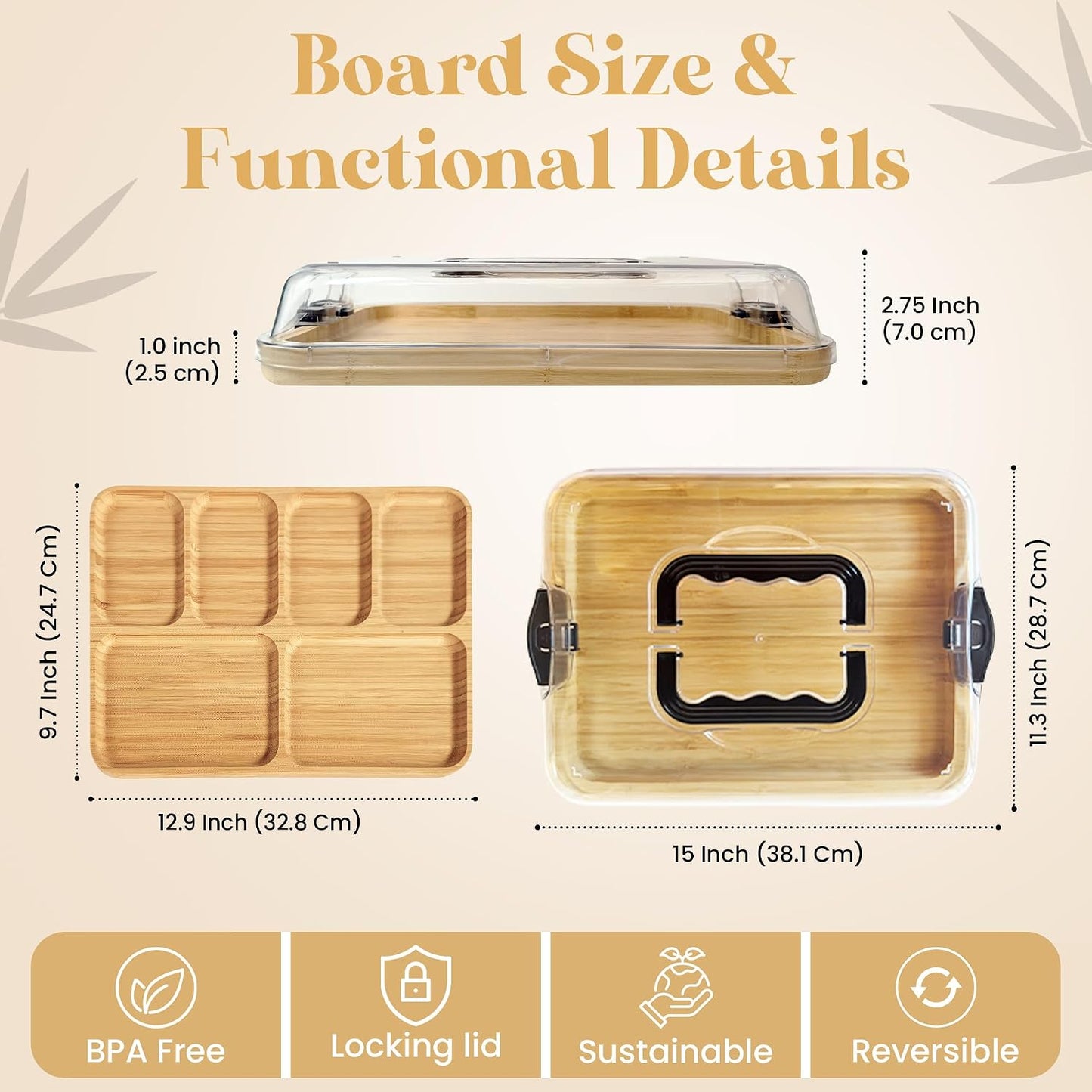 Charcuterie Board with Lid 3-in-1, Portable Bamboo Serving Tray with Lid & Removable Snack Tray for Cheese, Fruit, Food - Covered Cheese Platter for Picnic, Travel, Ready-to-Gift
