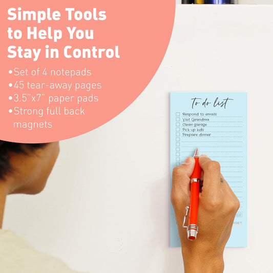 S&O Set of 4 Essential Refrigerator Notepads with Magnet - Grocery Schedule Holder Pad for Fridge - Weekly Magnetic To Do List for Adhesive - Cling Notebook Meal Planner - Attractive Shopping List Pad
