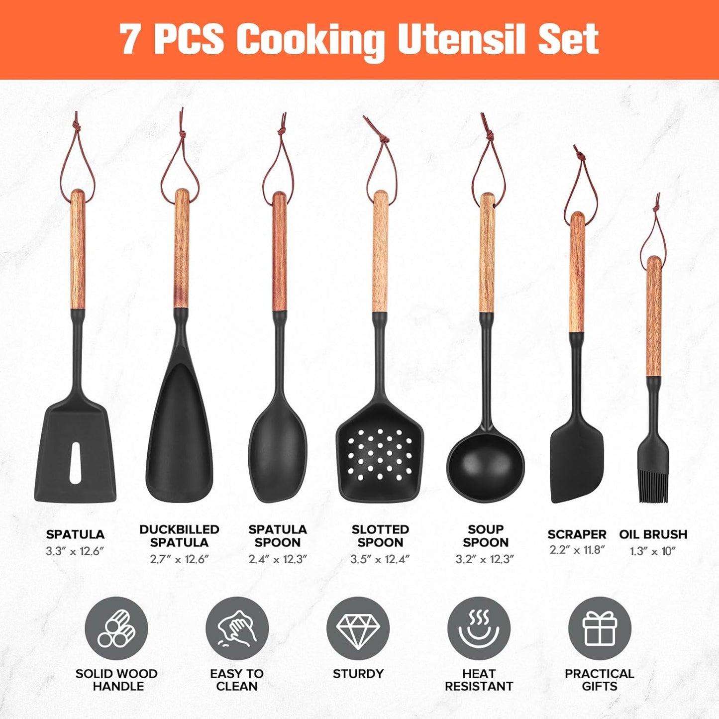 Silicone Cooking Utensils Set of 7 Pack, Wood Handle Heat-Resistant Kitchen Utensils, Non-Stick Cookware Safe - Include Spatula, Spoon, Ladle, Bowl Scraper, Basting Brush for Cooking, Baking, BBQ