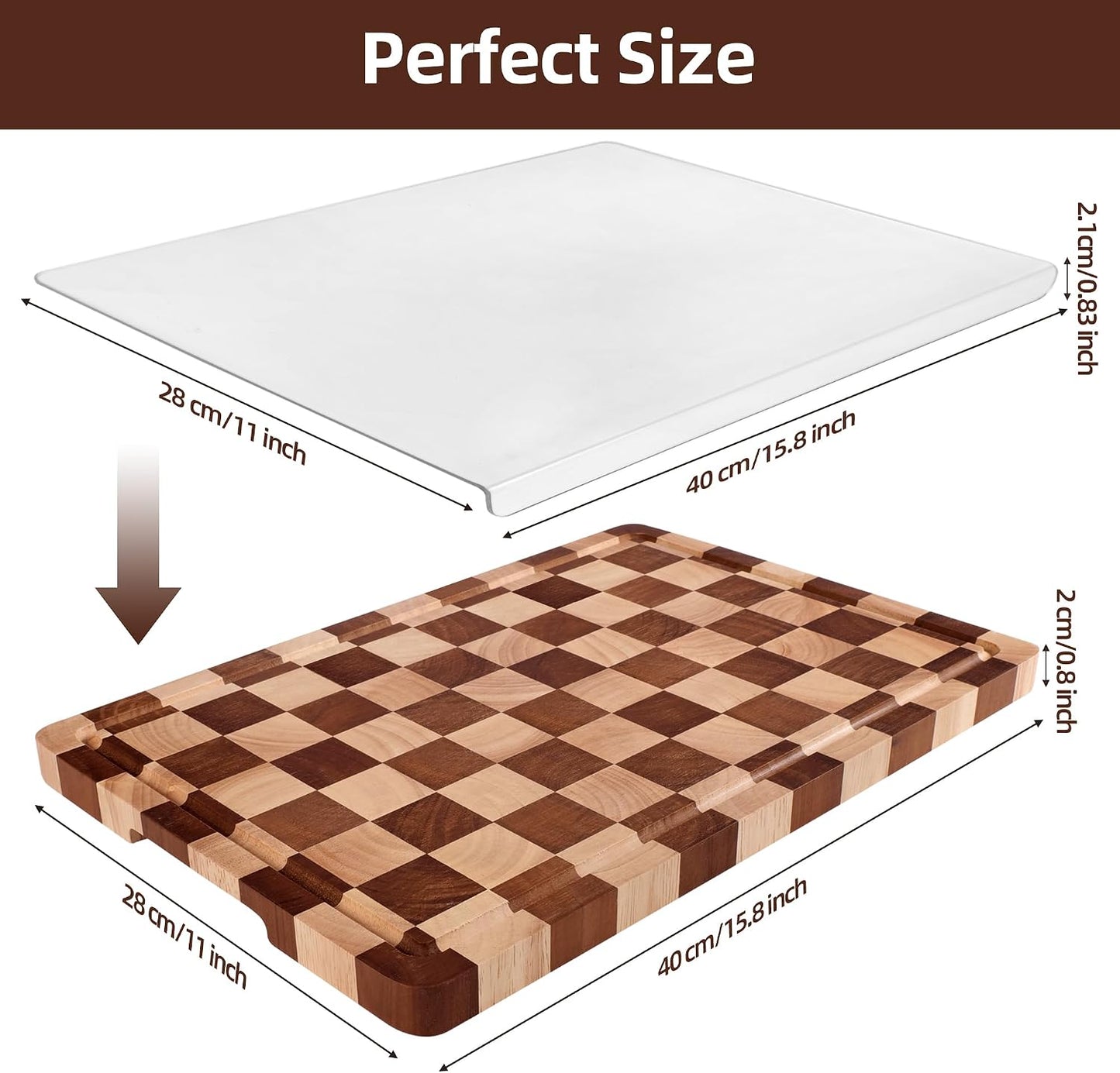 Checkered Cutting Board Set for Kitchen - 3 PCS Solid Wood End Grain Checkerboard Chopping Board with Holder & Juice Groove, Wooden Cutting Boards for Meat, Vegetables, Fruits (S, M, L)