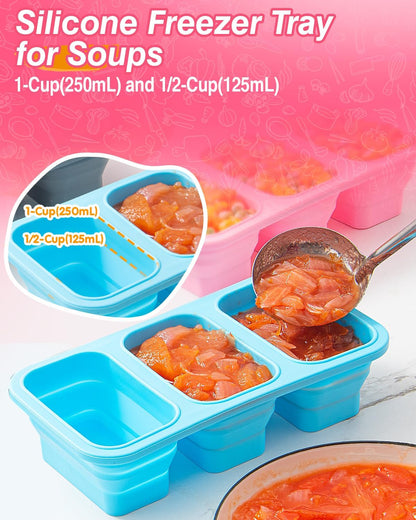 Silicone Freezer Trays With Lid, Stackable 1 Cup Silicone Freezer Molds, Easy To Use Soup Ice Cube Tray, Collapsible Freezing Molds for Meal Prep, Broth, Sauce, Leftovers, Soup Storage Gift Set