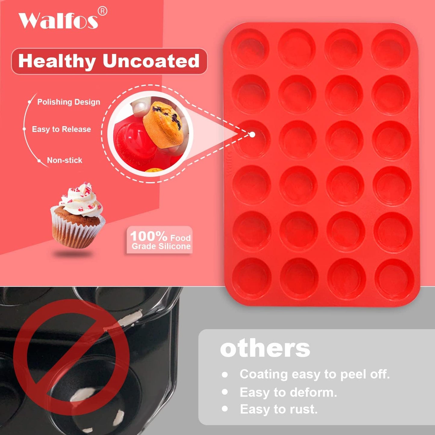 Walfos Silicone Muffin Pan - 12 Cups Regular Silicone Cupcake Pan, Non-stick Great for Making Muffin Cakes, Tart, Bread - BPA Free and Dishwasher Safe