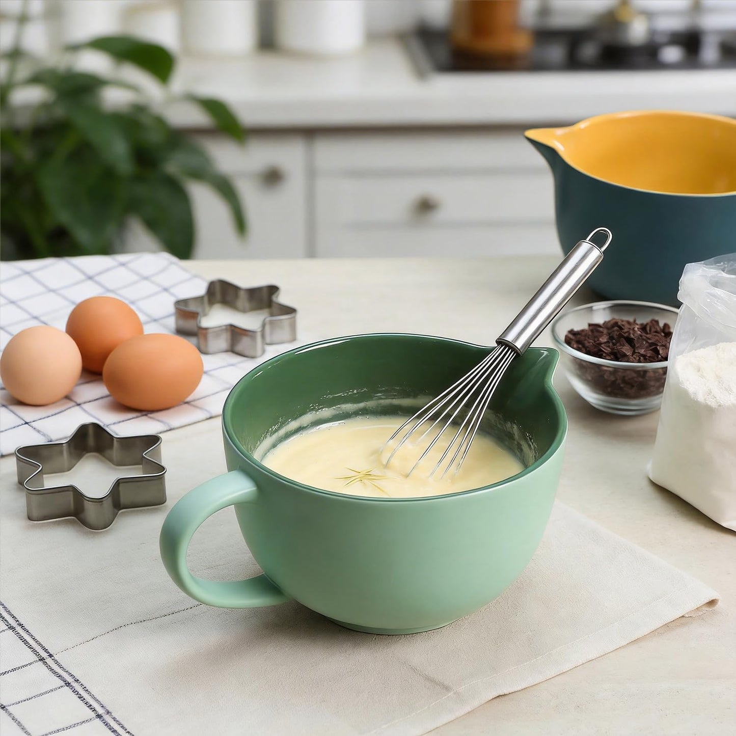 Gaolinci Simple Solid Color Kitchen Ceramic Mixing Bowl, 1 Quart Large Bowl, with Pouring Spout and Handle