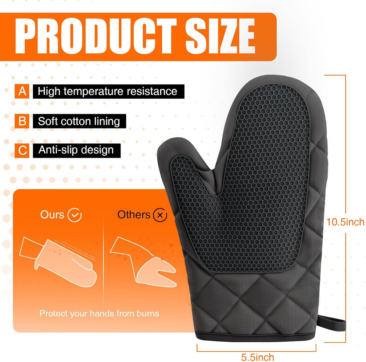Silicone Oven Mitts, Heat Resistant 2PCS Oven Mitts with Soft Cotton Lining, Waterproof Non-Slip Grip Oven Glove, Kitchen Potholder Mits for BBQ, Baking, Cooking, 12.5 Inch - Grey