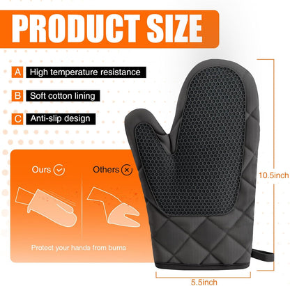 Silicone Oven Mitts, Heat Resistant 2PCS Oven Mitts with Soft Cotton Lining, Waterproof Non-Slip Grip Oven Glove, Kitchen Potholder Mits for BBQ, Baking, Cooking, 12.5 Inch - Grey