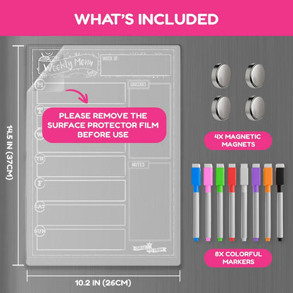 CHALKY CROWN Acrylic Magnetic Weekly Planner for Fridge - Menu Board for Kitchen with 8 Magnetic Markers - Weekly Meal Planner for Fridge with Grocery List & Notepad - Menu Planner (14.5x10.2)