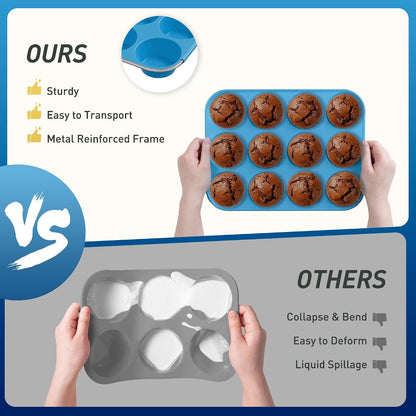 2 Pack 12 Cups Silicone Muffin Pan with Metal Reinforced Frame Regular Size Silicone Molds Cupcake Cake Baking Pans Cookie Baking Chocoflan Cupcake Mold Nonstick Muffin Tin Home Baking Supplies