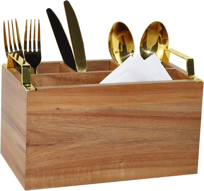 Acacia Wood Flatware Caddy - 4 Compartment Silverware Utensil Holder with Golden Metal Handles - 10" W x 6" D x 6.5" H, 2 lbs