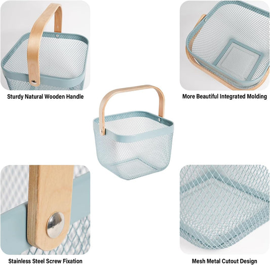 Metal Mesh Steel Harvest Basket, Rectangle Wire Garden Basket with Handle – Multi-functional Storage Organizer for Gathering Vegetables, Fruits, Kitchen, Garden, Picnic & Cabinet (Ivory)