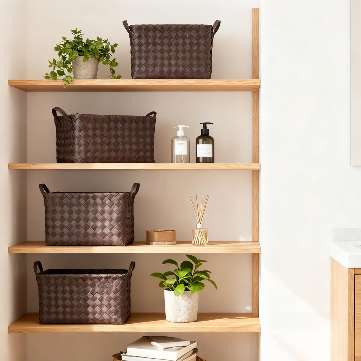 15L Laundry Baskets Waterproof Storage Baskets For Shelves Large Laundry Hamper With Leather Handle -set of 4 Cube Organizers Woven Bins for Bathroom,Bedroom,Pantry,Clothes,Car & Towels-Brown