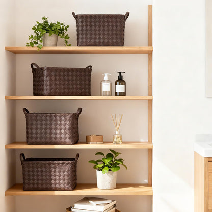15L Laundry Baskets Waterproof Storage Baskets For Shelves Large Laundry Hamper With Leather Handle -set of 4 Cube Organizers Woven Bins for Bathroom,Bedroom,Pantry,Clothes,Car & Towels-Brown