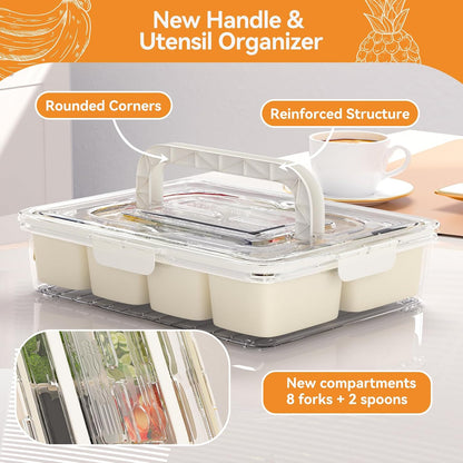 Dimber Snackle Box Container, Divided Serving Tray with Lid and Handle, Adding Cutlery Organizer, 8 Fruit Forks, 2 Spoons, Snackle Box for Sports Events, Candy, Fruits, Snacks,Salad Bar(1-Pack)