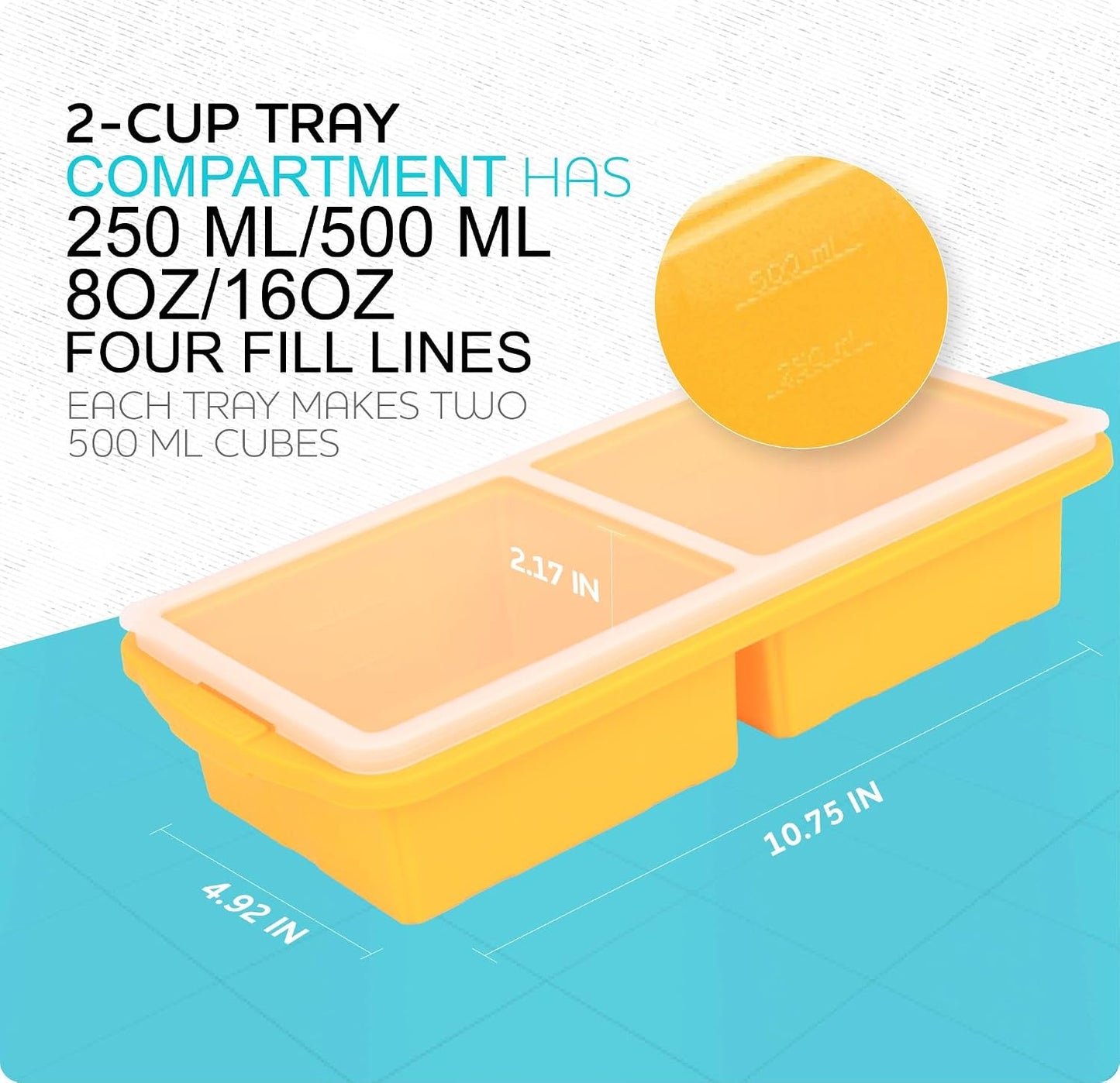 XOMOO Silicone Freezer Tray With Lid-Soup Freezer Container molds-2-cup Extra Large Ice Cube Tray-makes 4 perfect 500ml portions cubes, For freezing soup,stews,sauces.Oven&Dishwasher-Safe(2-Pack)