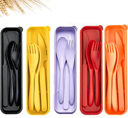 Travel Utensils Set - Reusable 5 Sets Wheat Straw Plastic Cutlery with Case, Portable Forks Spoons and Knives Set, Eco-Friendly BPA Free for Daily Use (5 Purple)