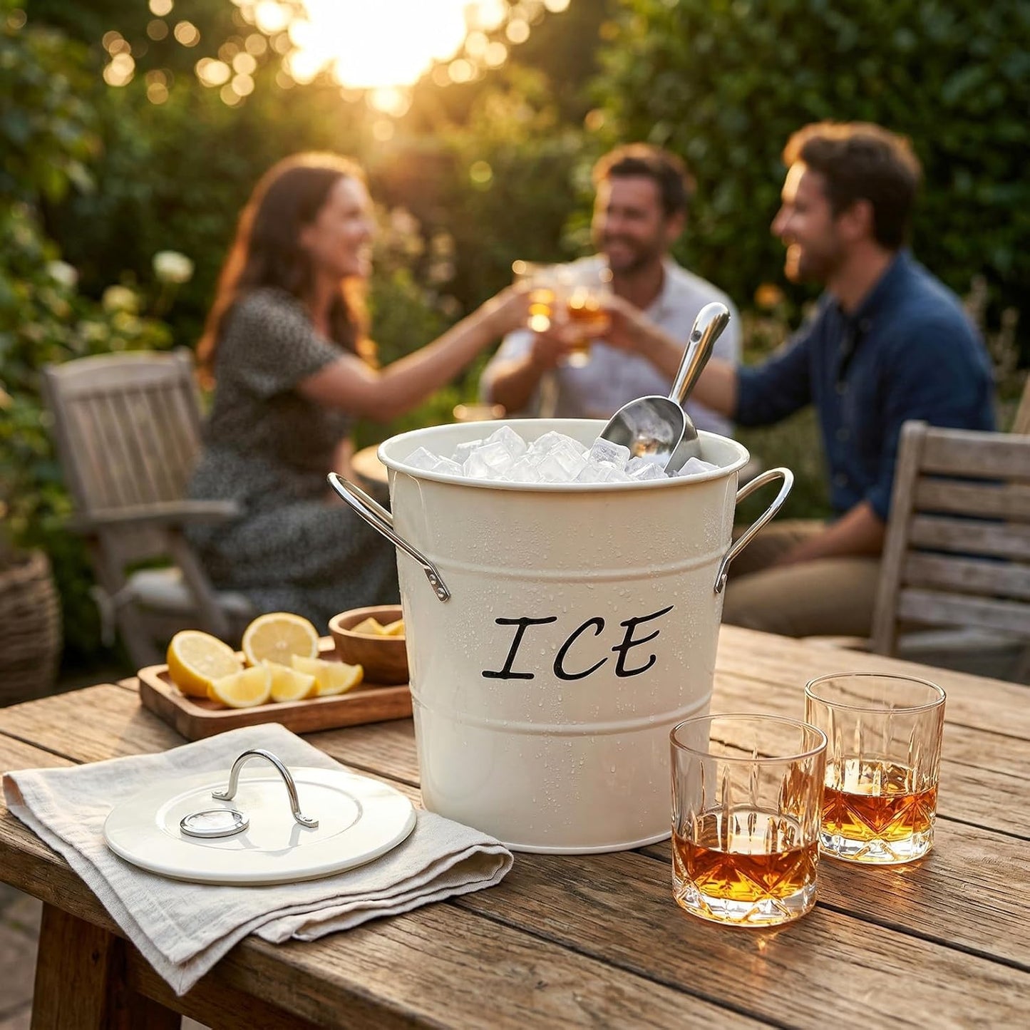 4L Ice Bucket, Double Wall Metal Wine Chiller Bucket, including Thermometer, Lid, Scoop and Plastic Liner, Large Beverage Tub Ice Holder for Wine, Champagne, Cocktail Party Bar