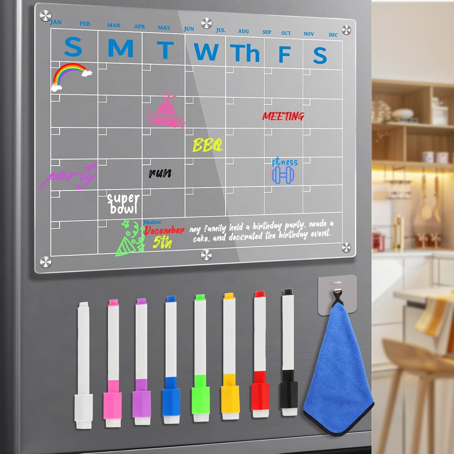 Fridge Calendar 15"x11", Magnetic Calendar for Refrigerator, Acrylic Whiteboard Calender Dry Erase, Monthly Meal Planner for Refrigerator, w/8 Markers (Blue)