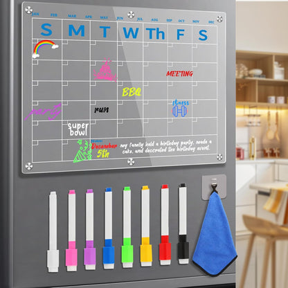 Fridge Calendar 15"x11", Magnetic Calendar for Refrigerator, Acrylic Whiteboard Calender Dry Erase, Monthly Meal Planner for Refrigerator, w/8 Markers (Blue)