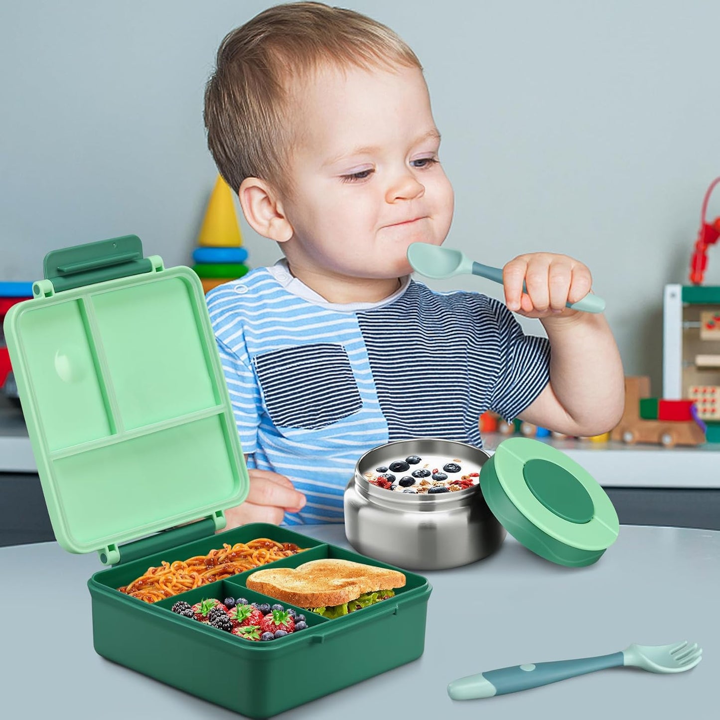 Itslife Bento Lunch Box for Kids with 8oz Soup Thermo&Lunch Bag, Leak-Proof Lunch Food Containers with 4 Compartment, Hot Food Insulated Food Jar for Kids School (Green)