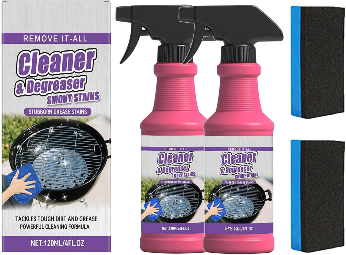 Fast-Acting Heavy-Duty Grill Degreaser Spray, Heavy Duty BBQ Grill Degreaser, Multi Functional Grease Remover for Outdoor Grills Effortlessly Removes Stubborn Oil & Carbon Residue (sponge)