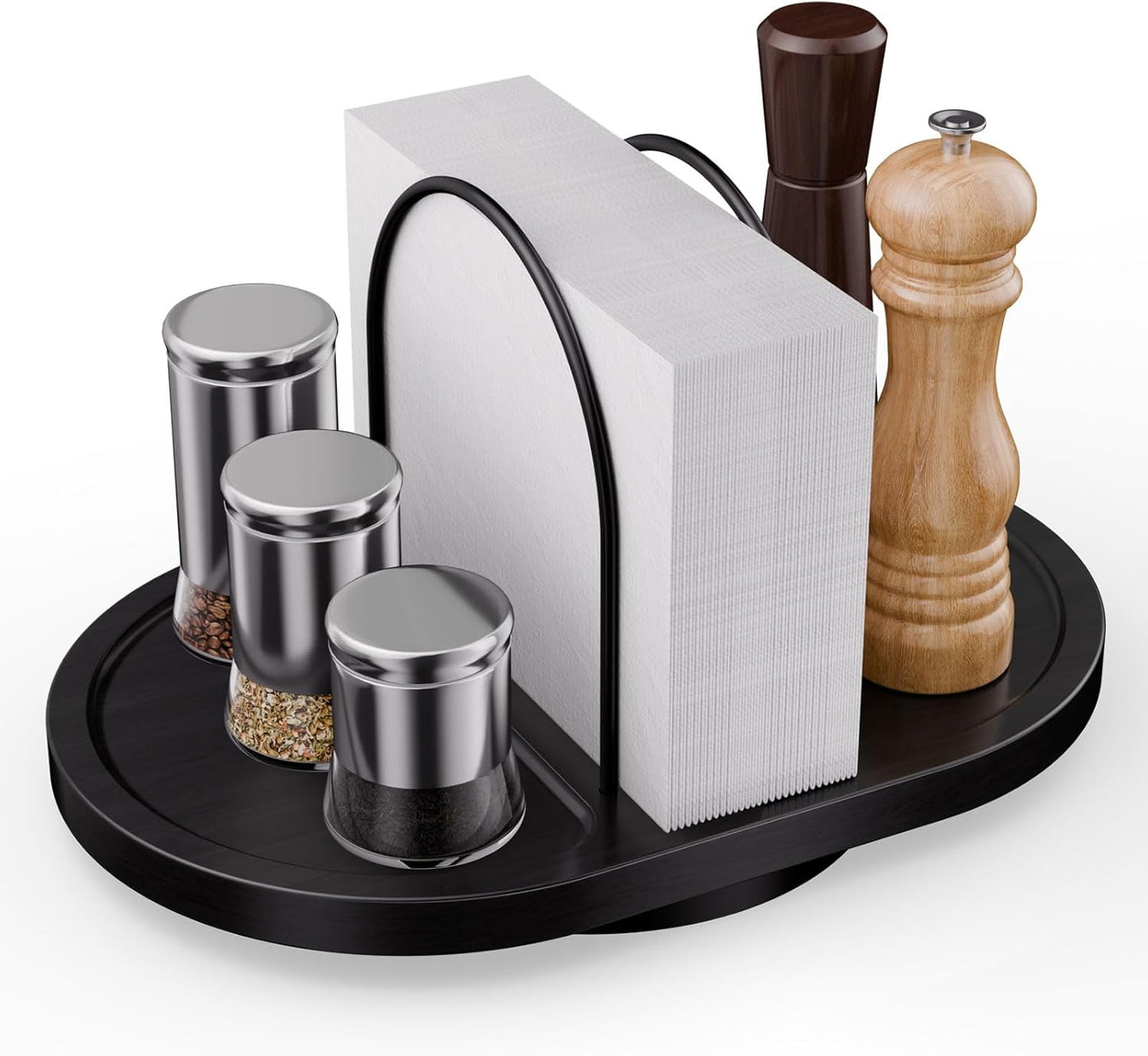 Primo Lines Rotating Napkin Holder for Table with Built-In Space for Salt and Pepper Shakers, Wooden Metal Caddy Rustic Table Organizer with 360 Degree Spin for Kitchen Decor and Accessories (Walnut)