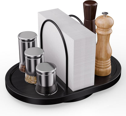 Primo Lines Rotating Napkin Holder for Table with Built-In Space for Salt and Pepper Shakers, Wooden Metal Caddy Rustic Table Organizer with 360 Degree Spin for Kitchen Decor and Accessories (Walnut)