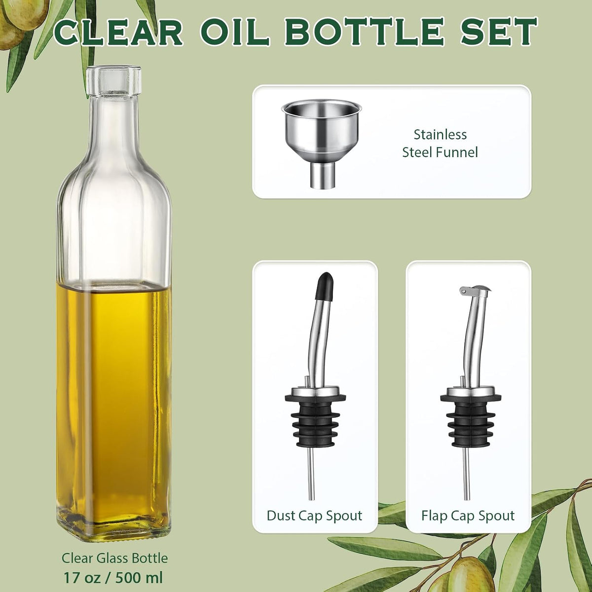 AOZITA 17oz Glass Olive Oil Bottle Dispenser - 500ml Green Oil and Vinegar Cruet with Pourers and Funnel - Olive Oil Carafe Decanter for Kitchen