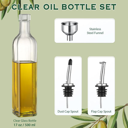 AOZITA 17oz Glass Olive Oil Bottle Dispenser - 500ml Green Oil and Vinegar Cruet with Pourers and Funnel - Olive Oil Carafe Decanter for Kitchen