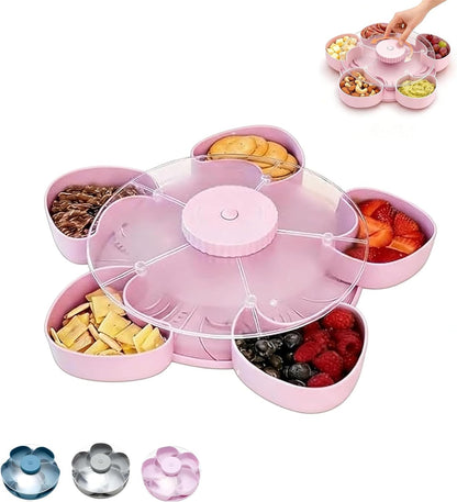 Divided Rotating Snack Tray with Lid, 5 Section Snack Serving Container for Party, Movie Night, Picnic & Travel, Fruit and Veggie Tray Organizer with Spin Design (Gray)