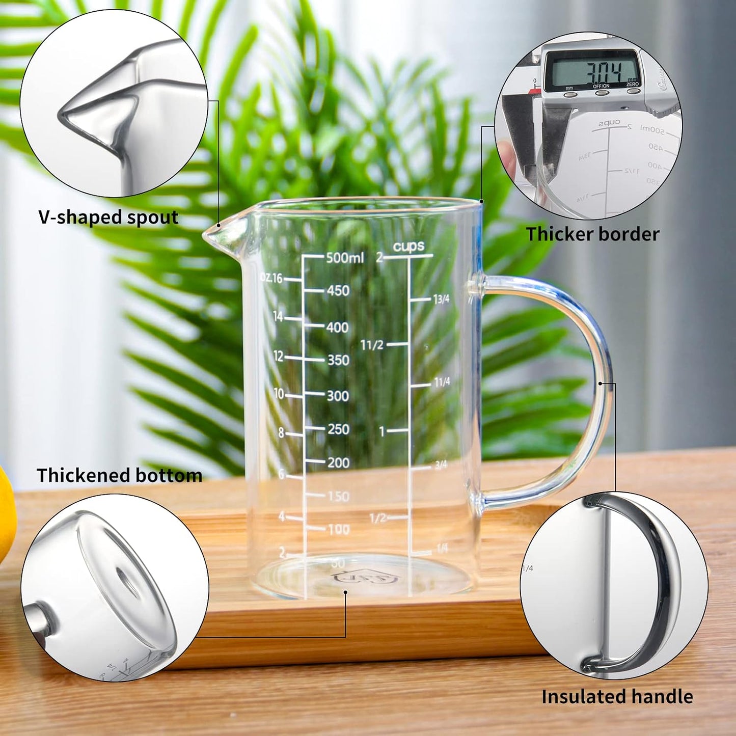 77L 3 Pack Glass Measuring Cup Set (1 1/4, 2 & 4 Cup) [Insulated handle, V-Shaped Spout], High Borosilicate Liquid Glass Measure Cup for Kitchen, Easy To Read, Dishwasher, Freezer, and Microwave Safe