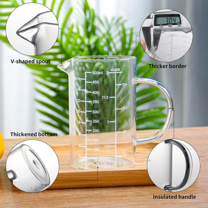 77L 3 Pack Glass Measuring Cup Set (1 1/4, 2 & 4 Cup) [Insulated handle, V-Shaped Spout], High Borosilicate Liquid Glass Measure Cup for Kitchen, Easy To Read, Dishwasher, Freezer, and Microwave Safe