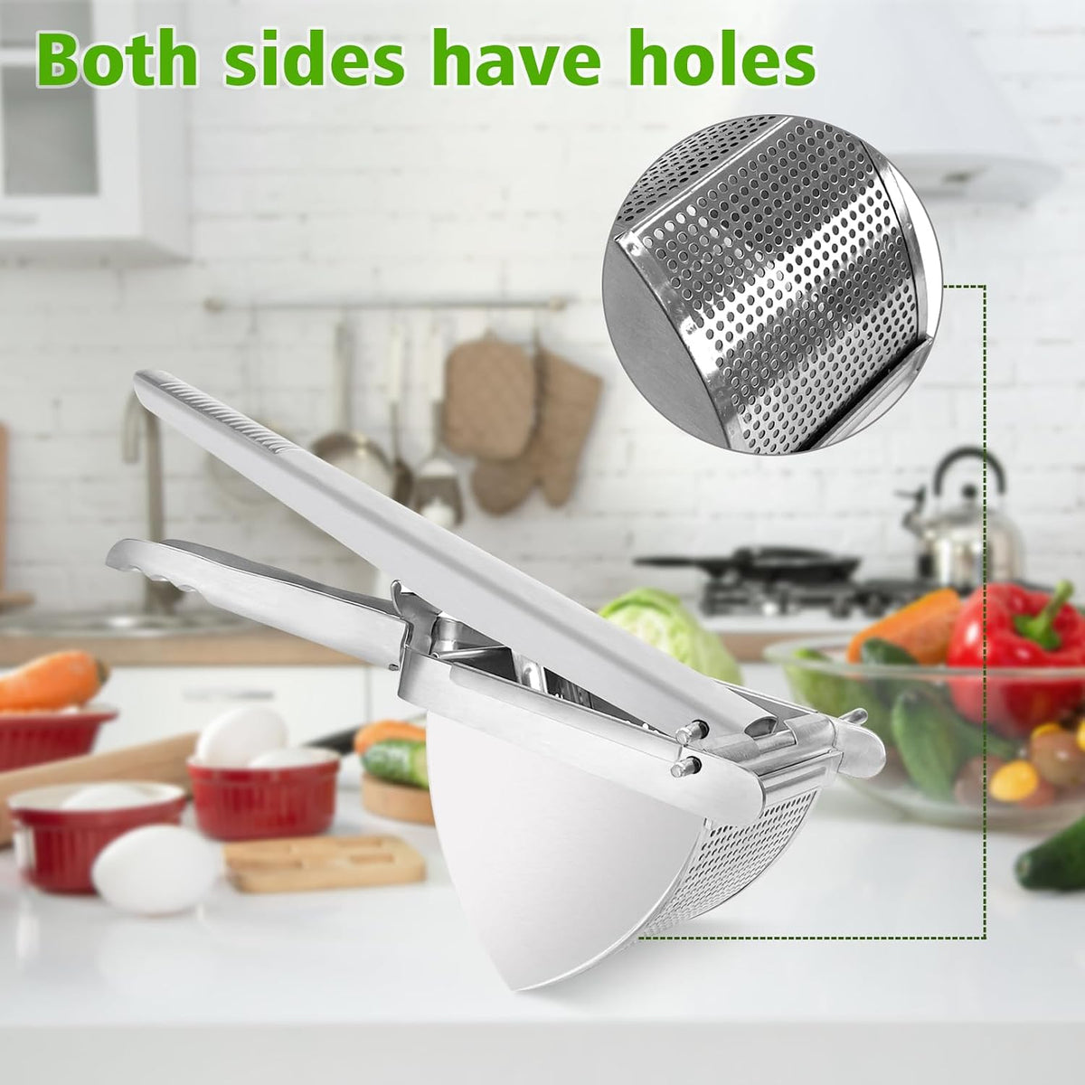 LHS Heavy Duty Potato Ricer and Masher, Stainless Steel Potato Masher, Business Fruit Masher and Food Press for Commercial and Home Use, 2 Sides Holes