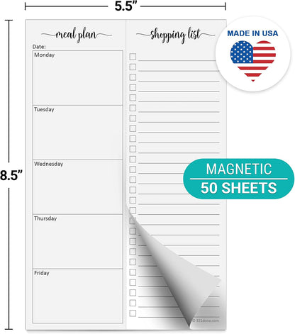 321done Magnetic Weekly Meal Plan Shopping Checklist Notepad - Tear-Off 50 Sheets, 5.5x8.5 - Undated, Sunday to Saturday To-Do List Planner, Schedule Weekly Desk Pad, Weekday Planning Notepad - Made in USA